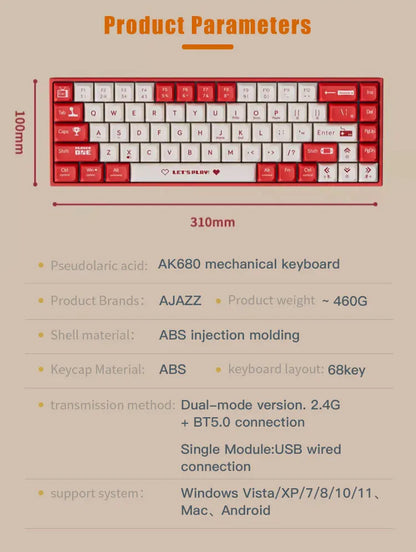 Teclado mecánico para juegos AJAZZ AK680 con cable, compacto, para computadora portátil, eje de color rojo o té, 68 teclas