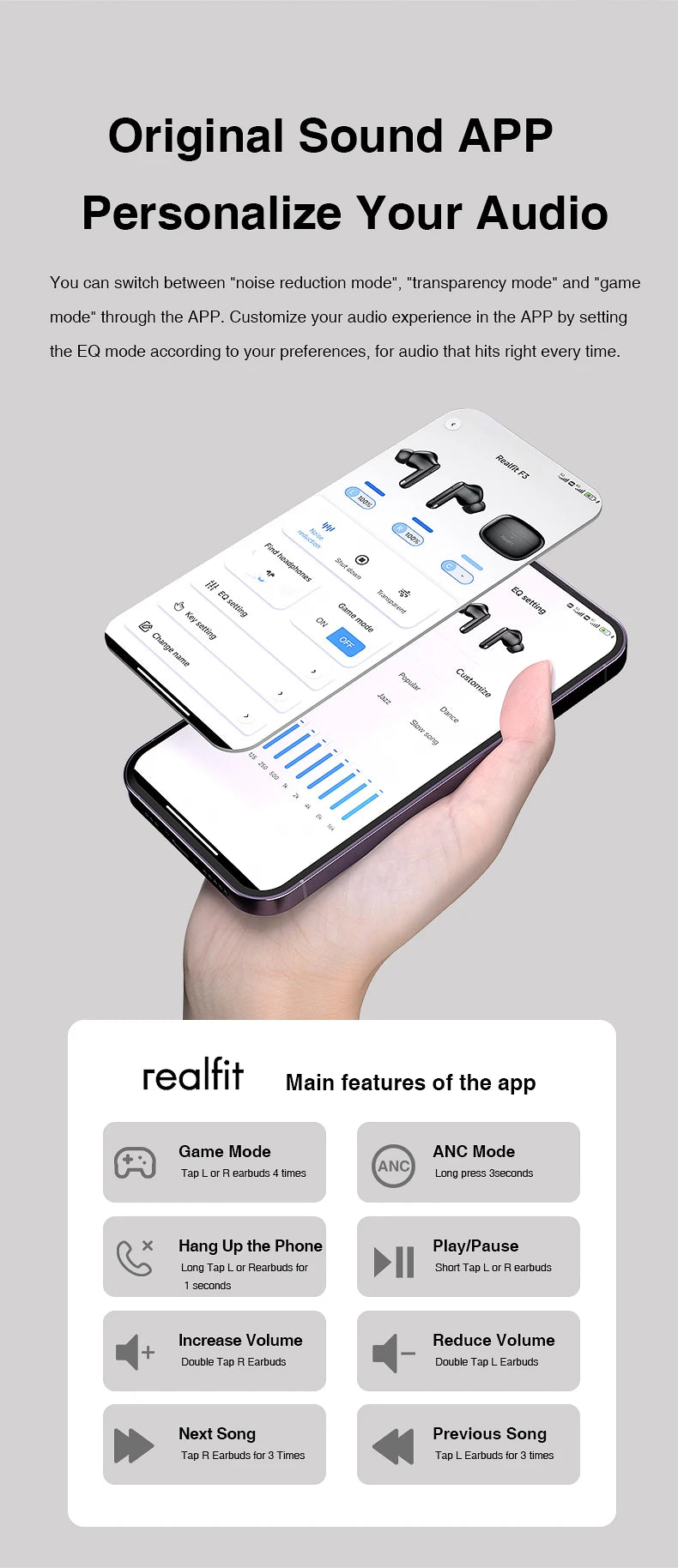 Realfit F3 ANC 主动降噪蓝牙耳机 ENC 通话 HIFI 立体声超重低音无线耳塞运动游戏