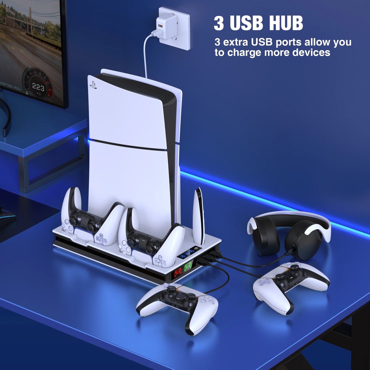 Soporte vertical BEBONCOOL S5000 para PlayStation 5, nueva versión Slim, estación de enfriamiento para PS5 con dos puertos USB de carga rápida duales