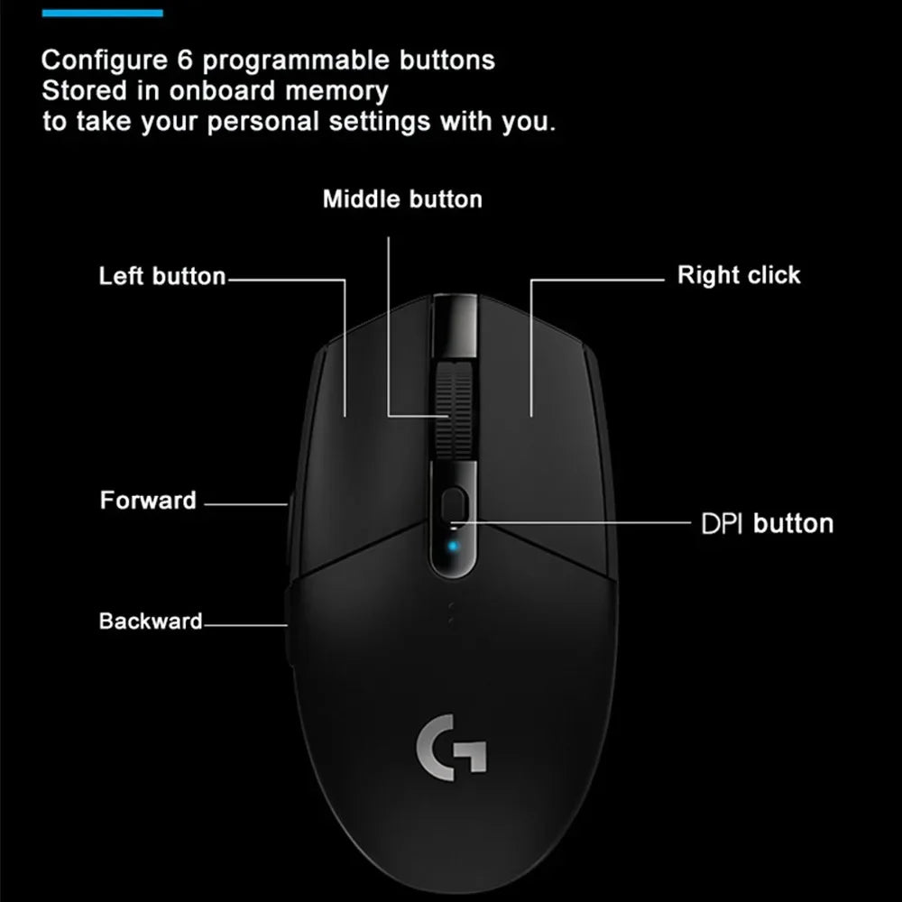 Ratón inalámbrico para juegos Logitech G304 Ligthspeed original, sensor Hero 12K, 12000 DPI, 6 botones programables, compatible con PC y MacOS