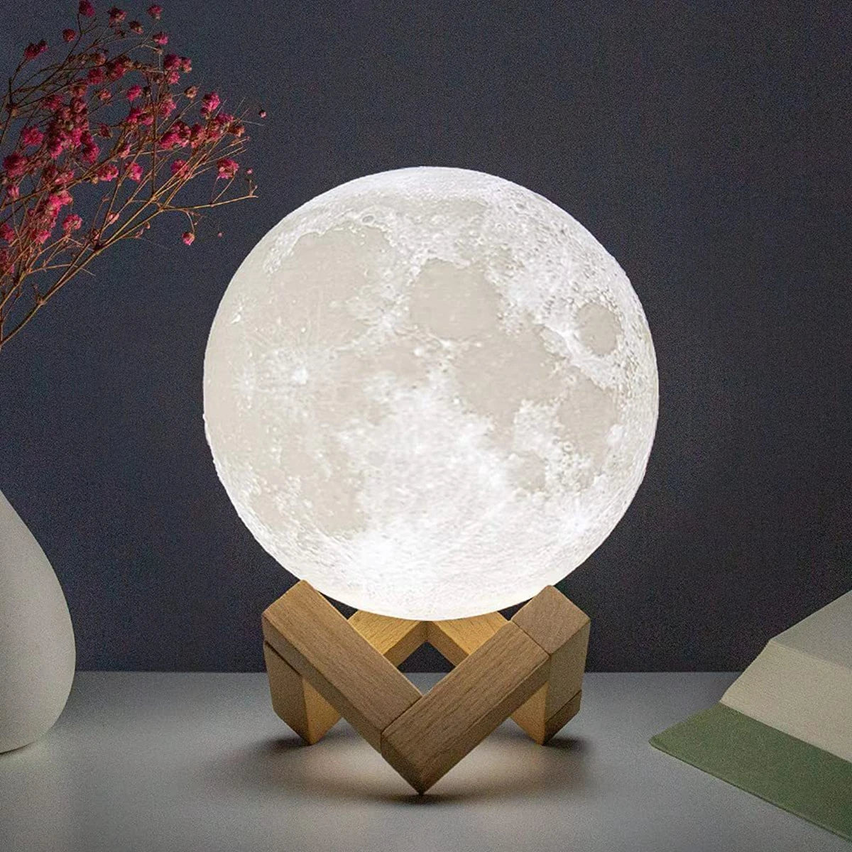 Lámpara de luz nocturna LED E5 de 8 cm con forma de luna, alimentada por batería y con soporte, lámpara estrellada para dormitorio, decoración del hogar, luces de noche, regalo para niños, lámpara de luna para Navidad