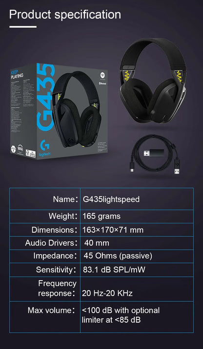 Logitech G435 WIRELESS GAMING HEADSET LIGHTSPEED  7.1 Surround Sound Built-in Mic Gamer Bluetooth Headphone Earphone for PC/PS