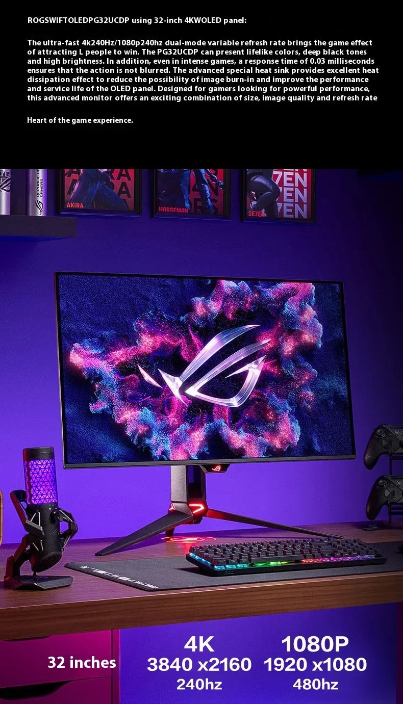 Monitor ROG PG32UCDP de 31,5 pulgadas con modo dual 4K 240 Hz 480 Hz para computadora de escritorio, portátil, pantalla IPS, 1080P, monitor OLED para juegos de PC