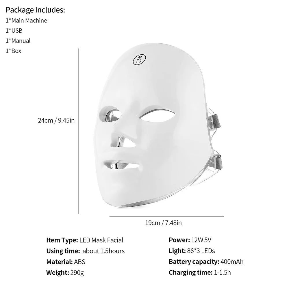 Máscara facial LED recargable, 7 colores, terapia de fotones LED, máscara de belleza, rejuvenecimiento de la piel, dispositivo de belleza blanqueador y lifting facial para el hogar