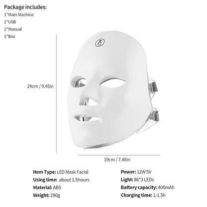 Máscara facial LED recargable, 7 colores, terapia de fotones LED, máscara de belleza, rejuvenecimiento de la piel, dispositivo de belleza blanqueador y lifting facial para el hogar