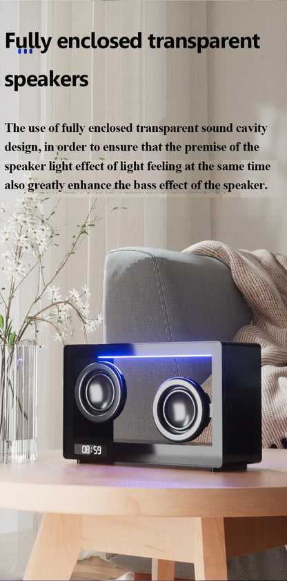 Mini altavoz Bluetooth transparente visible con reloj, reproductor de música inalámbrico portátil con tarjeta, lámpara LED de ambiente de escritorio, adornos