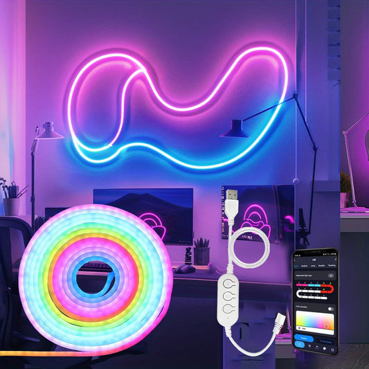 Tira de luces LED de neón con Bluetooth, cuerda de luces de neón con sincronización de música, RGBIC, Dreamcolor Chasing Strip Tape para decoración de juegos de habitación