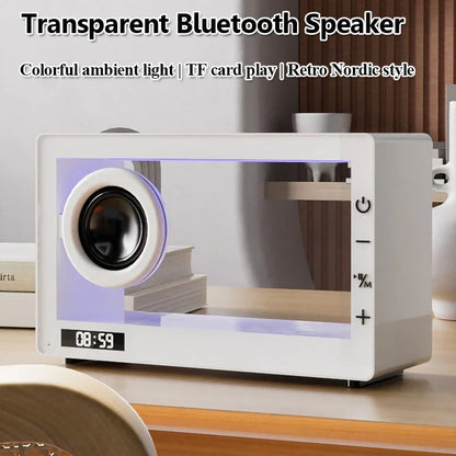 Mini altavoz Bluetooth transparente visible con reloj, reproductor de música inalámbrico portátil con tarjeta, lámpara LED de ambiente de escritorio, adornos