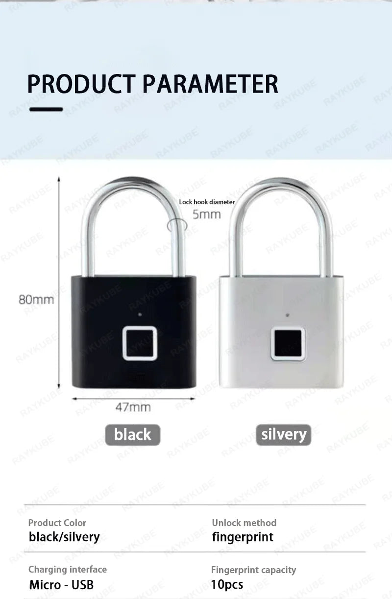 Candado inteligente con huella dactilar RAYKUBE P2, resistente al agua, de aleación de zinc, biométrico, con batería recargable incorporada y carga USB