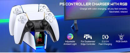 适用于 PlayStation 5 的 RGB 控制器充电站 双快速充电器 LED 指示灯充电支架扩展坞适用于 PS5 游戏手柄